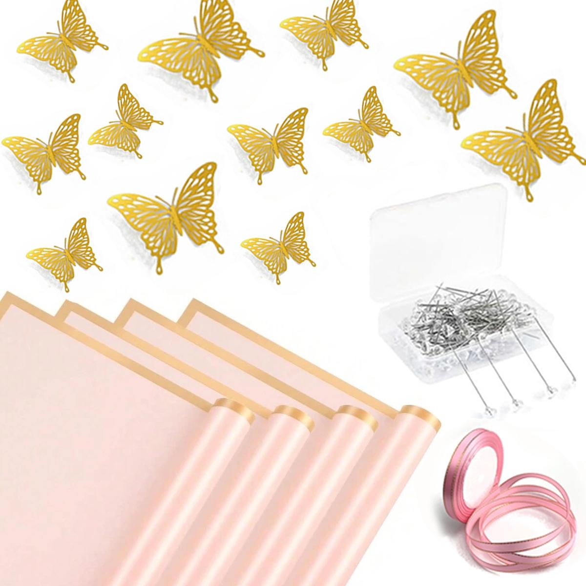 Flower Bouquet Wrapping Kit, Bouquet Wrappers, 145pcs/set Including 100pcs Crystal Rhinestone Decorative Head Pins & 20pcs Gold Edge Roll Paper & 24pcs 3D Butterfly Shape Paper & 1 Roll Ribbon, Wedding & Birthday Party Decoration Supplies