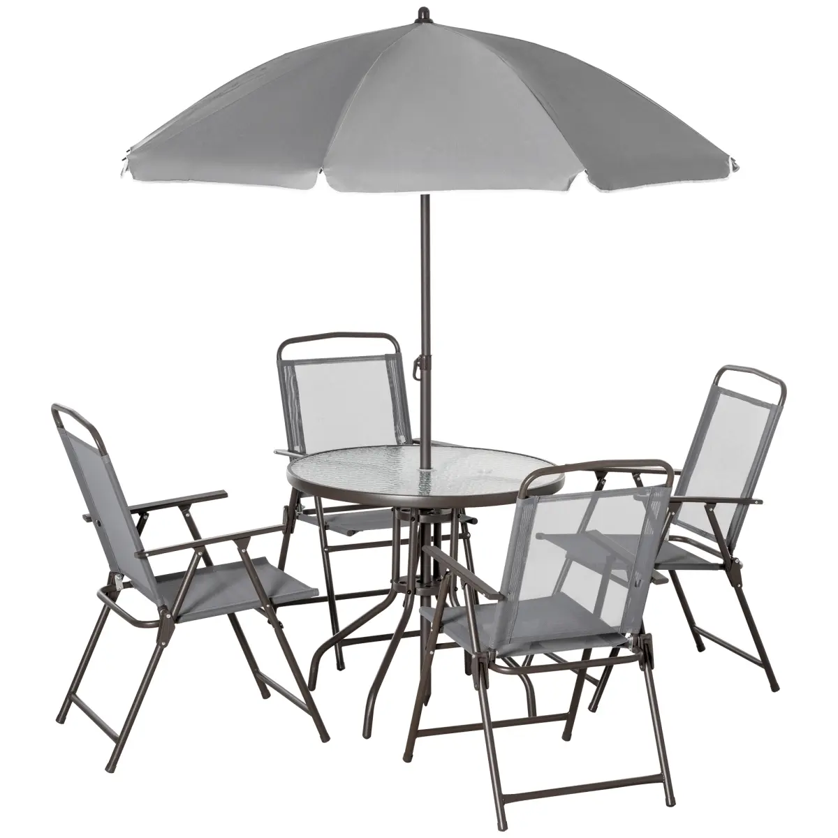 Outsunny 6-Piece Patio Dining Set - 4 Folding Chairs, Round Glass Table, Patio Umbrella - Multi-Piece Folding Outdoor Furniture Sets for Deck, Garden, Gray On-Site, Sun Protection, Round Table, Yard