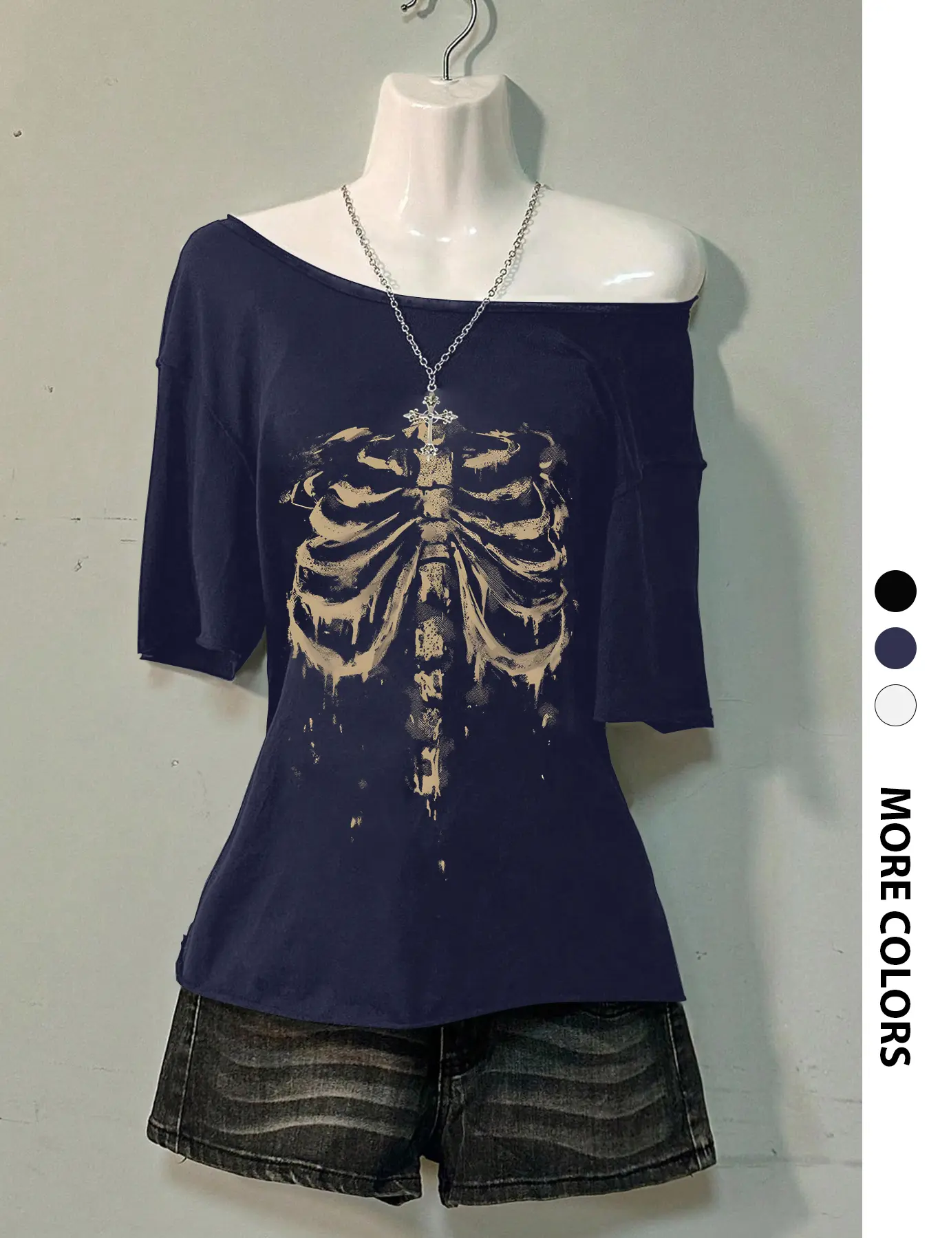 Women's Y2K Asymmetrical Shoulder Top, Statement Design Top, Casual Comfortable Bone Print Tee, Loose-Fit Essential Wardrobe Piece, Stylish and Versatile
