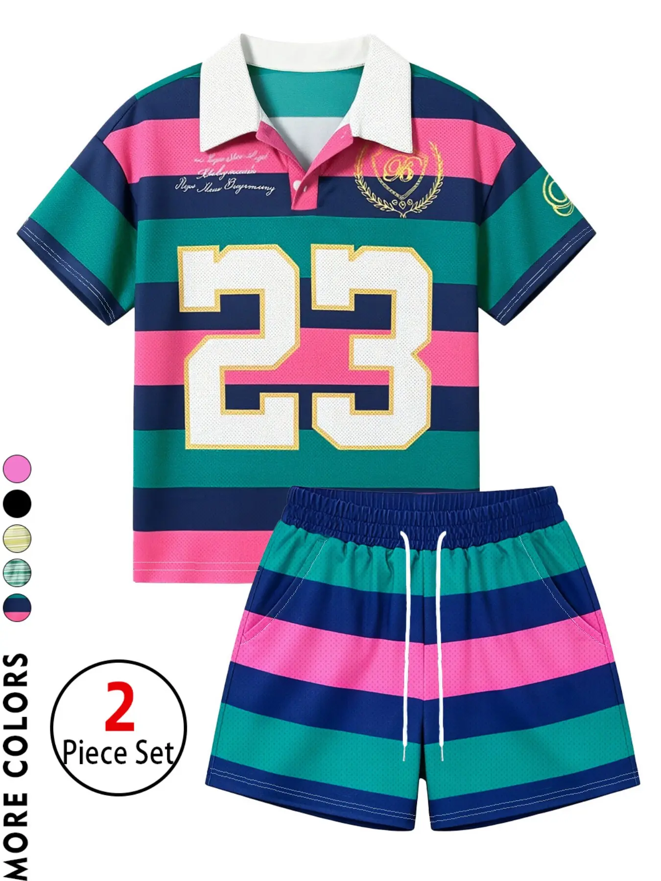 Women Preppy Co Ord Set Colorful Stripe Polo Cropped Shirt & Elastic Drawstring Shorts, Mesh Breathable Number 23 Graphic 2 Piece Outfit, Y2K Collegiate Streetwear Casual Vacation Loungewear For Teen Women Going Out Adjustable