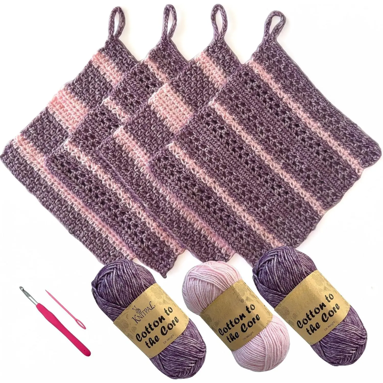 Everyday Joy Crochet Kit for Confident Beginners – Make 4  7.5 x 7.5 in Dishcloths – with  to The Core Yarn (#3 ), Hook, Patterns & Video Tutorials (Plum  + Blush )