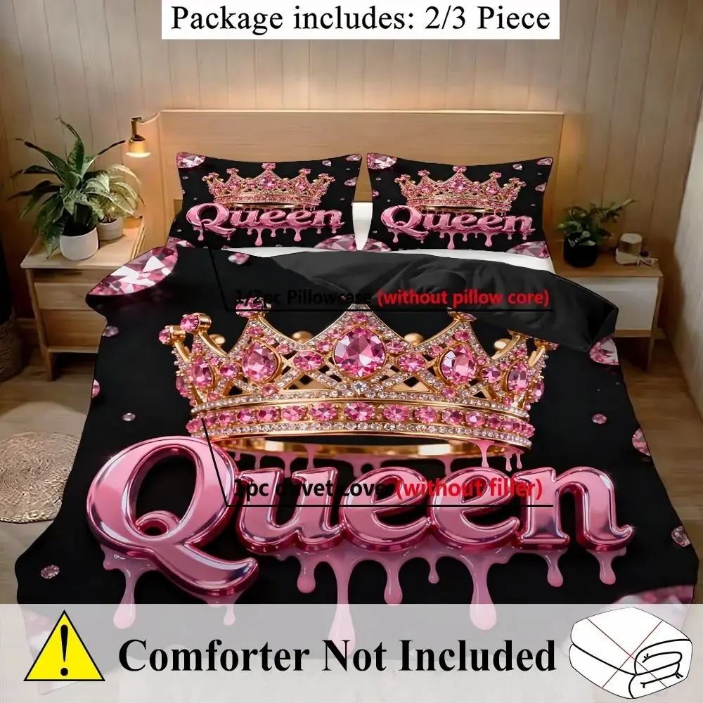 Luxury Gemstone Queen Crown Bedding Set, Three-Piece Duvet Cover Set Without Insert, Melted Letter Base, Pillowcase Included, Bed Sets