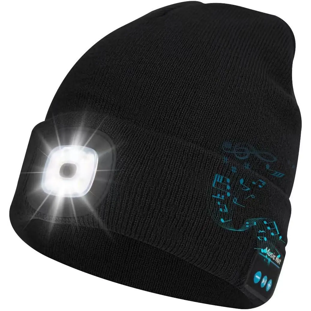 Unisex Casual Wear Knitted Fabric Bluetooth Beanie with Built-in Audio & Light, Musical Theme Knit Hat with Speaker Mic, Gift for Men Women Dad