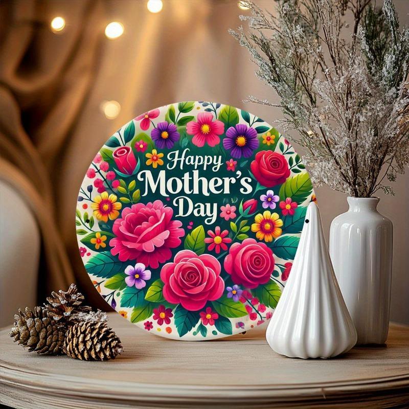 Vintage Mother's Day Wall Hanging - Round Floral Wreath Metal Sign with "Happy Mother's Day" Text, Pink Roses & Purple Daisies - Durable Iron Decor Suitable for Farmhouse, Porch, Bedroom - Perfect Gift for Mom, Year-Round Decorative