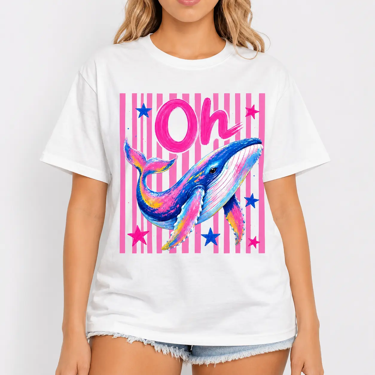 Funny Oh Whale Printed T Shirt Novelty Sea Creature Design Short Sleeve Tops Soft Breathable Casual Shirts For Men Women Teens