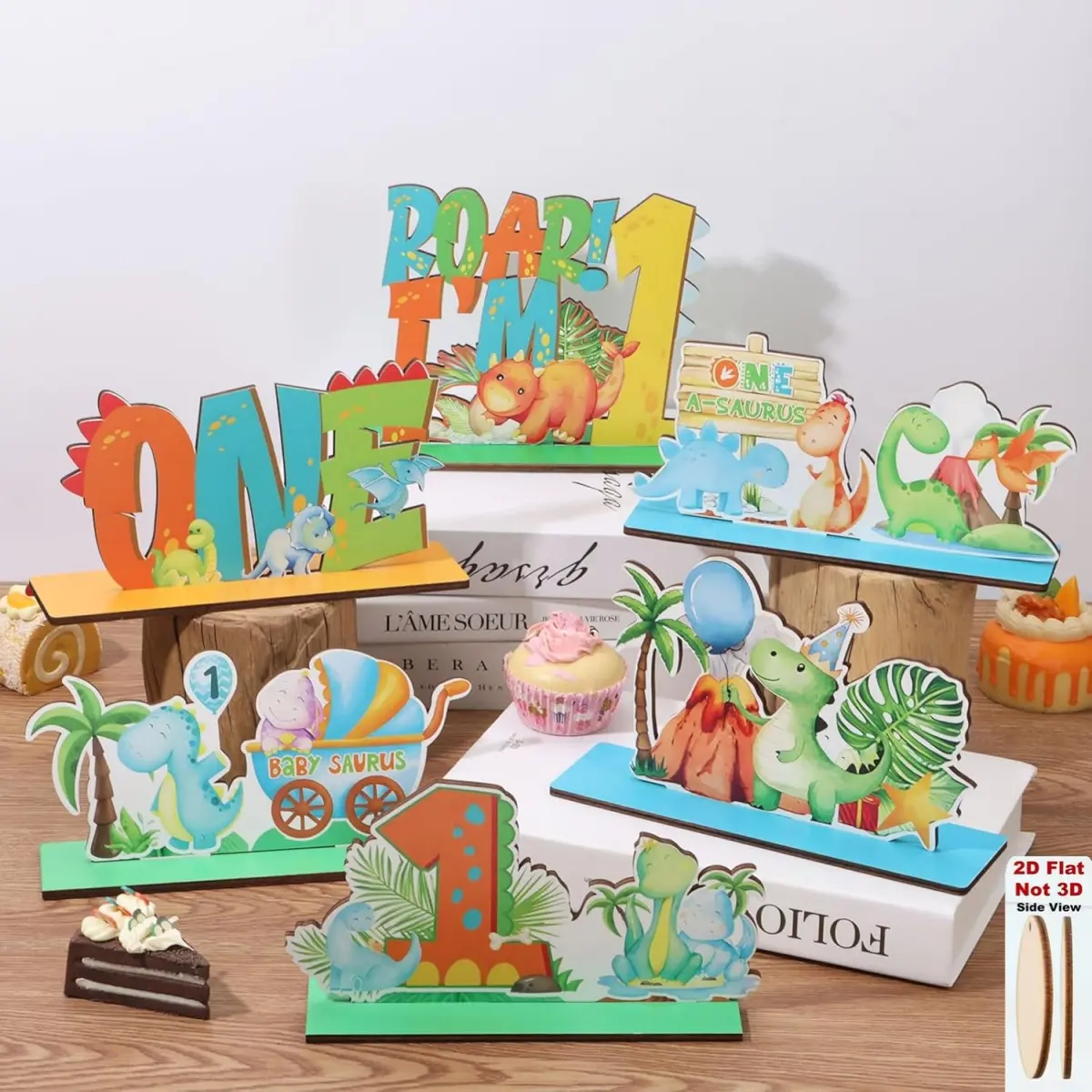 6 Pack 2D Flat Dinosaur Wooden Table Centerpieces, 1st Birthday Table Decorations, Boys One Year Old Birthday Desktop Ornaments for Baby Party Dining Table Decor, Birthday Party Supplies