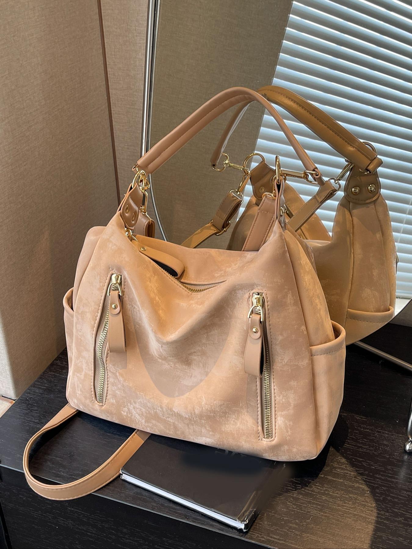 PU Hobo Shoulder Bag, Large-Capacity Solid Color Zipper Bag for College Students and Office Workers, Fall & Winter Fashion Studded Crossbody Bag for School, Work and Daily Commute, Crossbody Purse