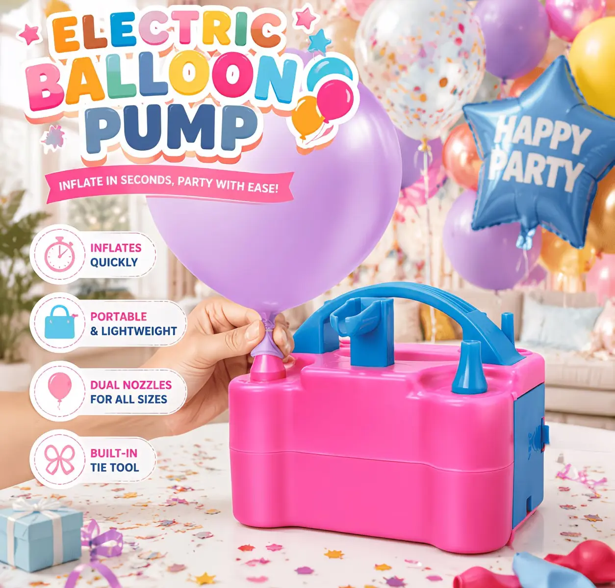 Electric Balloon Pump, Portable Balloon Inflator/Blower Machine with Balloon Tie Tool and Dual Nozzles