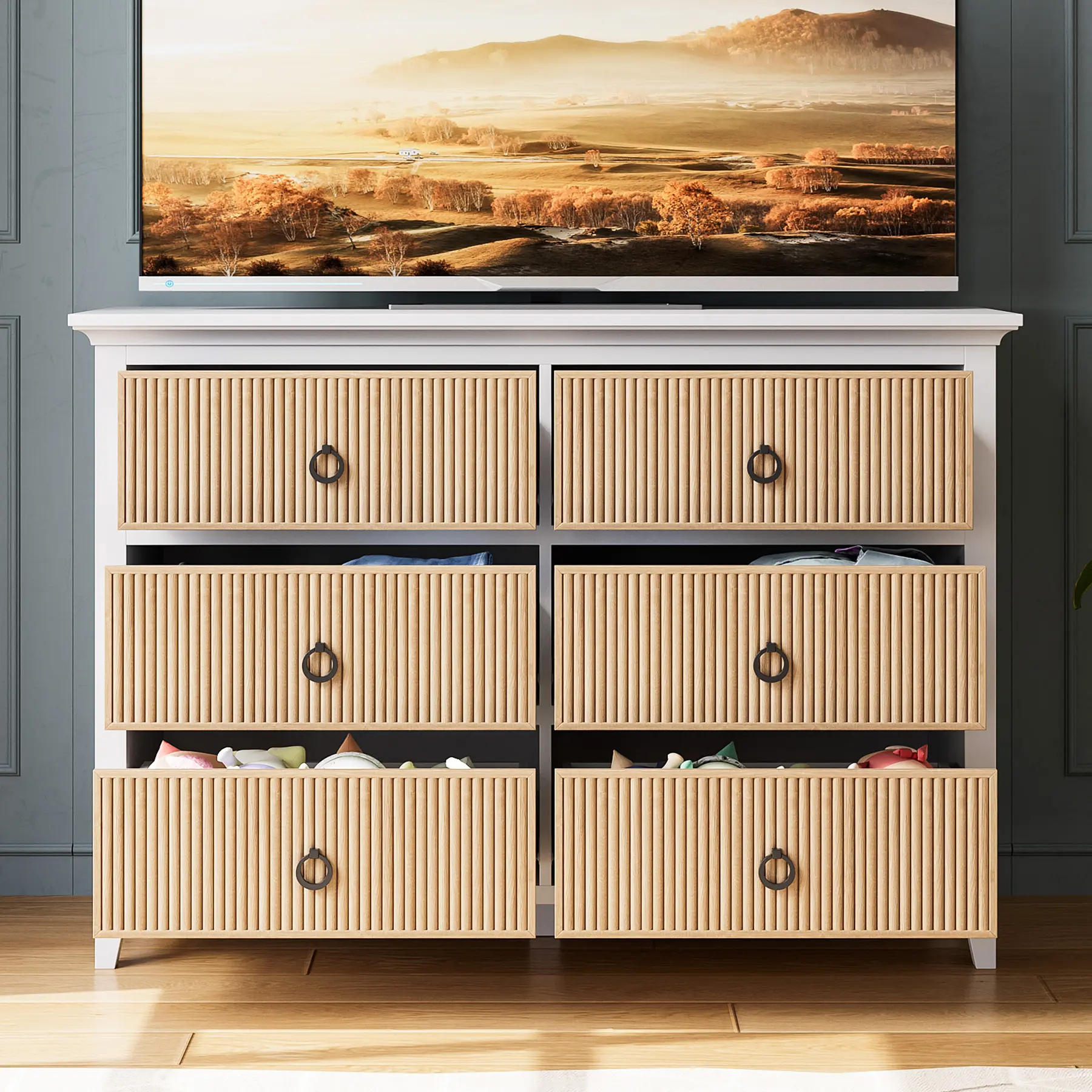 Farmhouse 6 Double Drawers Dresser for Bedroom, 47.2'' Wide Chest of Drawer, Wooden Horizontal Dresser with Metal Handles and Stable Base, Modern Cabinet for Bedroom, Living Room