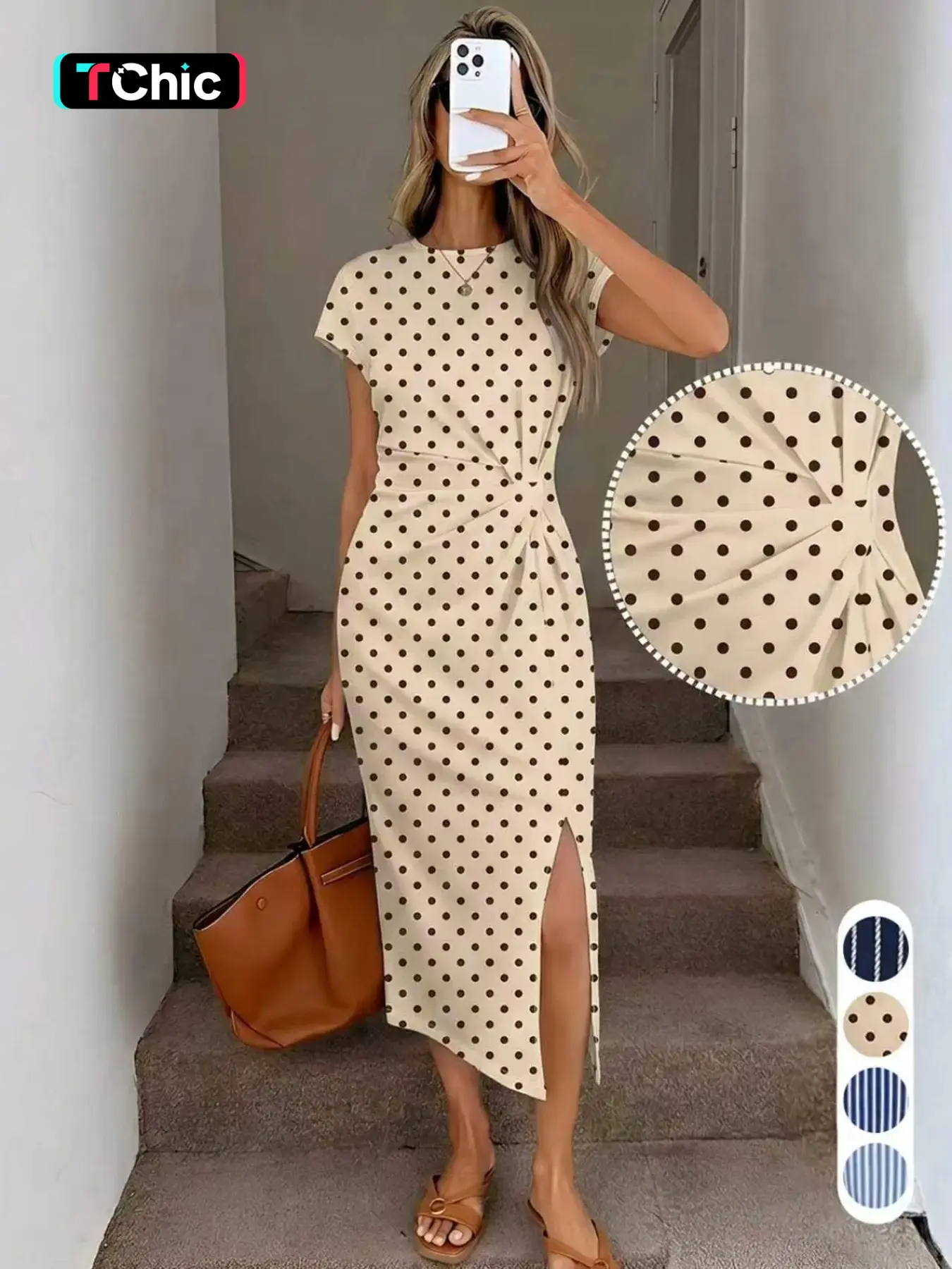 Women's Twist Waist Bodycon Dress, Round Neck Short Sleeve Side Slit Midi Dress, Elegant Casual Everyday Lightweight Office Wear for Summer