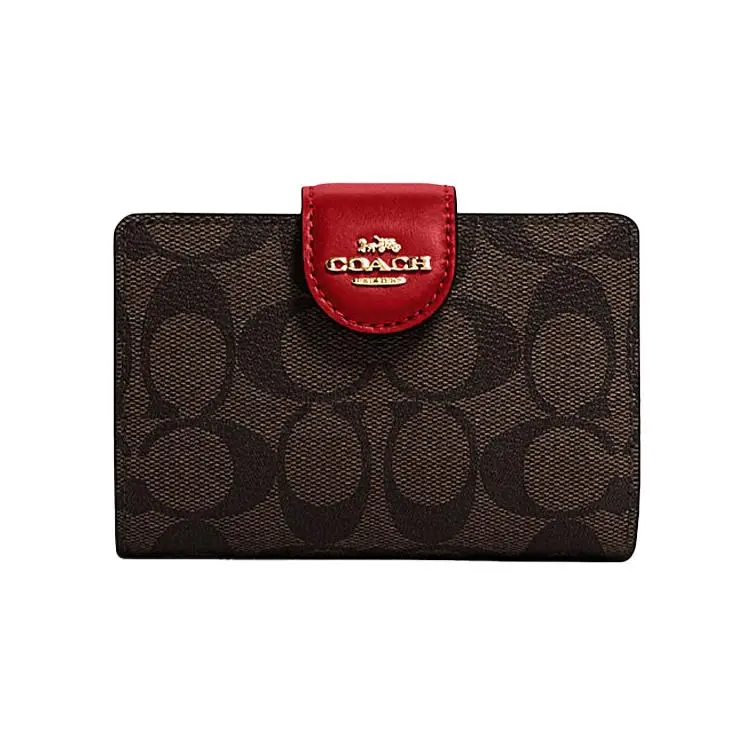 COACH Corner Zip Classic Monogram Coated Canvas and Leather Wristlet Clutch for Women in Red and Dark Brown