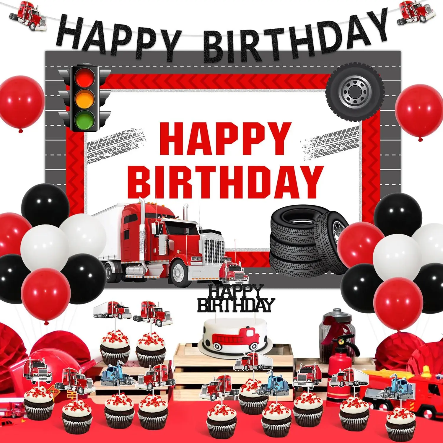1Set Heavy Truck Construction Theme Party Decor Kit - Birthday Bash Supplies for Boys’ Parties, Festive Backdrops, Banners, Colorful Balloon Assortment, Balloon Decor, Large Set with Multiple Items for Transportation Events