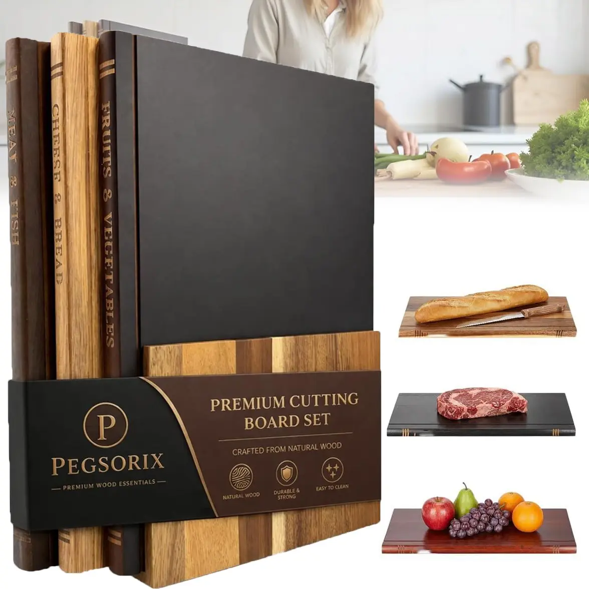 Book-Shaped Wooden Cutting Board Set, 3-Piece Decorative Kitchen Chopping Boards, Meat & Cheese Boards, Acacia & Walnut Wood, Ideal Gift for Book Lovers