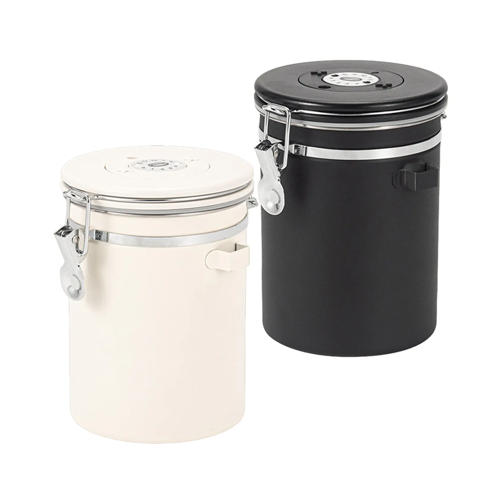 Airtight Stainless Steel Coffee Canisters 2-Pack 22oz – Food Storage Containers with Date Monitor & Scoop – Matte Black & Beige – Keeps Coffee Beans, Ground Coffee, Tea, Sugar, Cereal Fresh