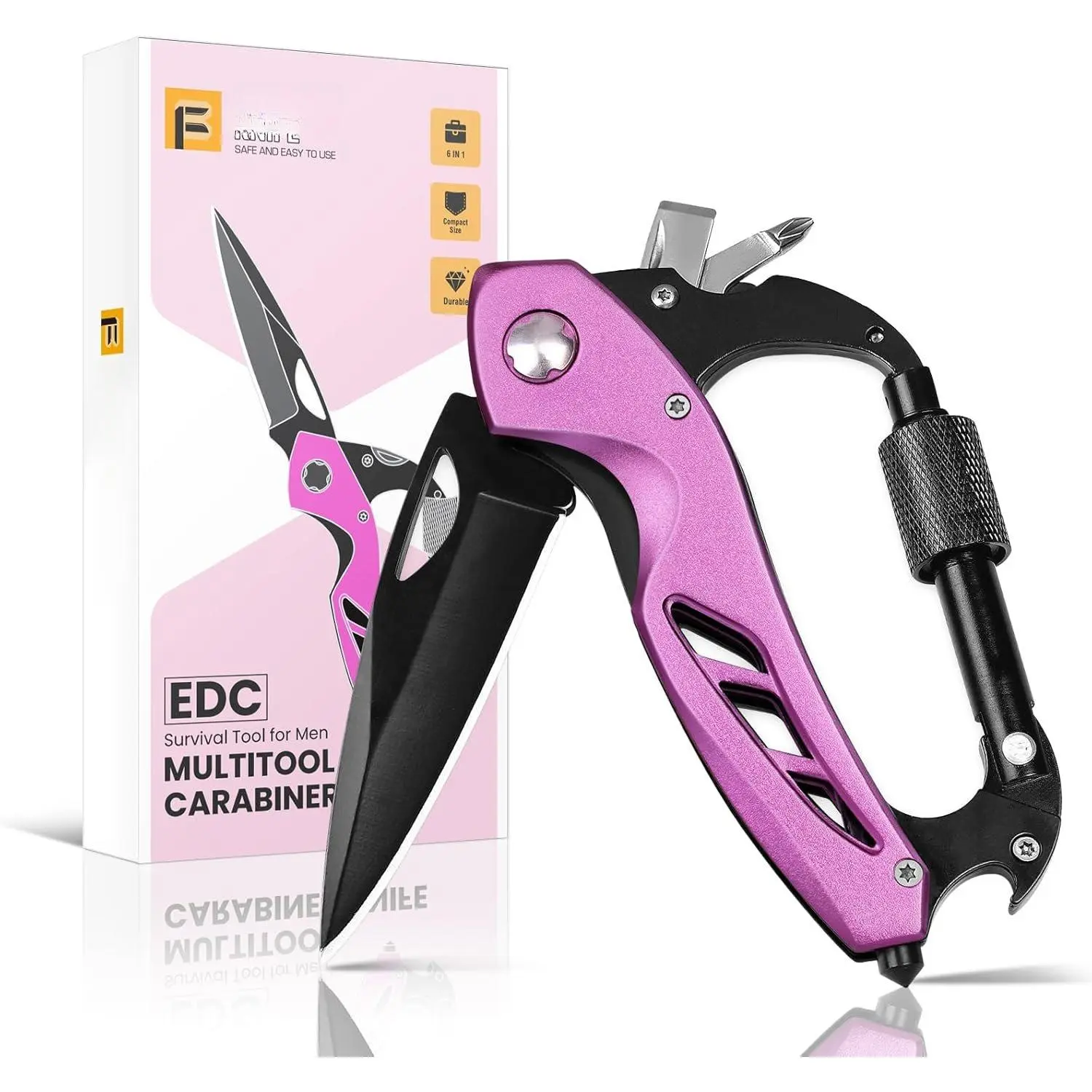 Multitool Carabiner, Stocking Stuffers Gifts for Mom Women Wife, 6-in-1  Multi Tools with Window Breaker, Bottle Opener and , EDC Gear Gadget for Camping Hiking
