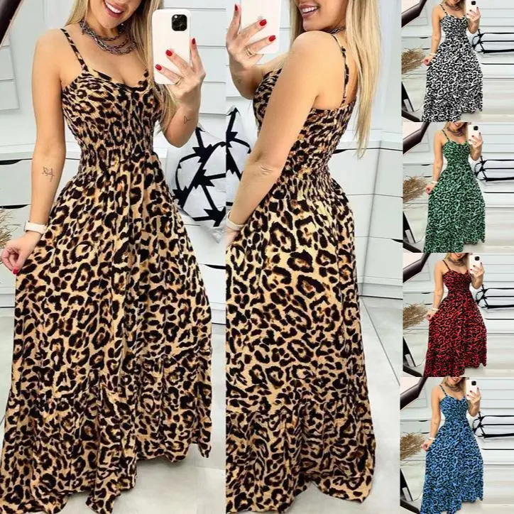 Women's Leopard Print Maxi Dress, Boho V-Neck Smocked Summer Sundress for Festival and Party, Sparkly, Sequin, Glitter, Metallic, Black Leopard Print Party Dresses, Leopard Print Style