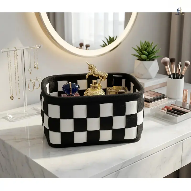 Compact Grid Pattern Storage Basket, Durable Foldable Organizer Bin for Home Organization Storage, Vanity & Desktop Tidying for Small Rooms, Small Room Organization Products, Organizing, Bathroom, Felt, Keys, Modern, Beauty Products, One Size