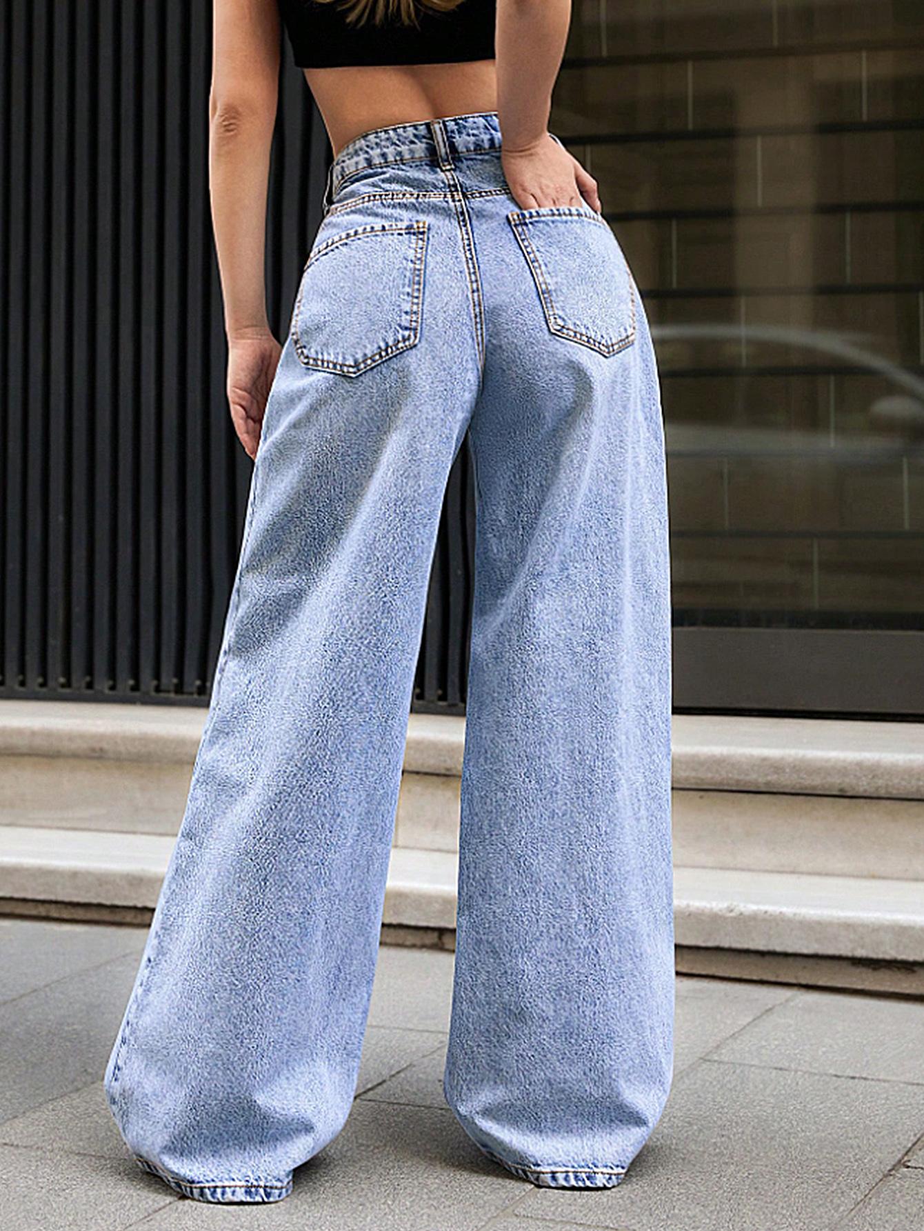 Elegant Women's High-Waisted Wide-Leg Jeans, Long Light Washed Denim Jeans, All-Season Casual Fashion, Slimming Fit