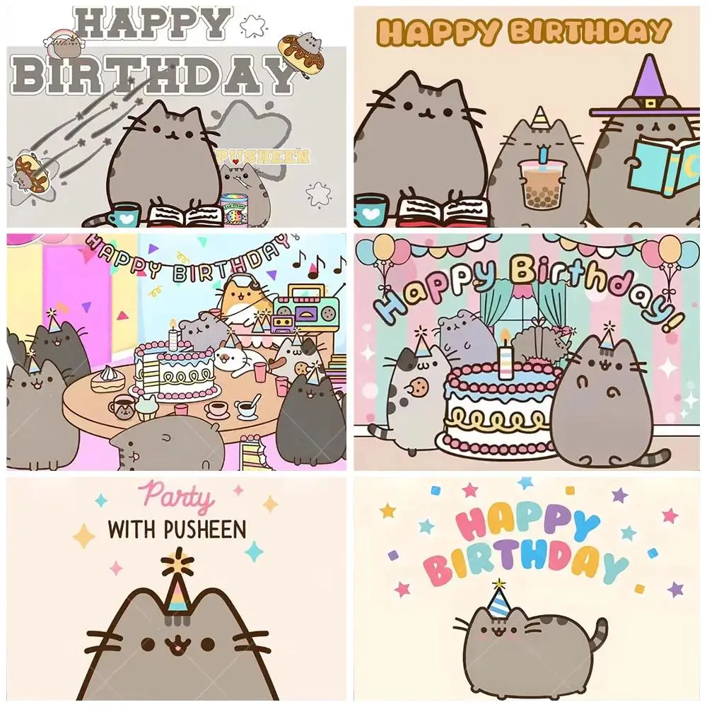 Cartoon Cute Fat Gray Cat Cake Happy Birthday Banner Custom Kid Birthday Party Decor Supplies Baby Shower Photography Background