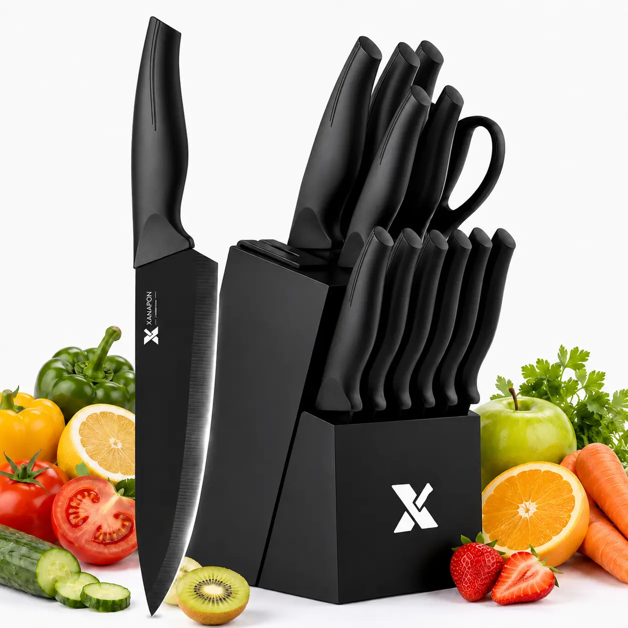 XANAPON 14-Piece Sturdy Knives Kitchen Set with Block, High-Carbon Stainless Steel Steak Knives, Extremely Sharp Blades, Ergonomic Handles, Black Dishwasher-Safe Kitchen Supplies for Household Easy Storage