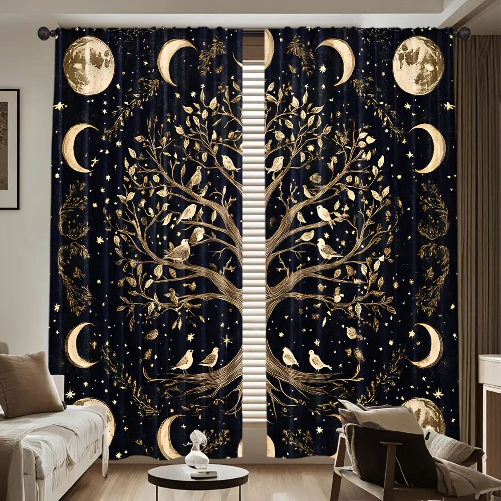 2-Piece Witchcraft-Style Digital-Printed Semi-Transparent Polyester Curtain Fabric Set - Non-Movable, No Pole/Batteries Required, with Grommet, Adhesive Rod Holder, Fiber Panel for Bedroom & Living Room Decoration green solid blackout combination