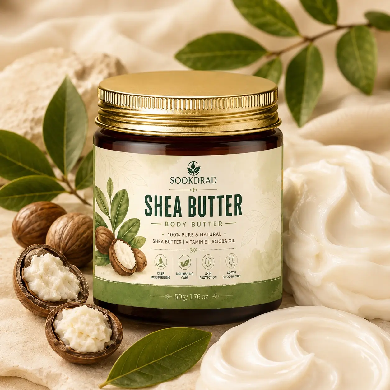 shea butter body butter, shea butter, vitamin E, jojoba oil, deep moisturizing, nourishing care, skin protection, soft and smooth skin, body, 50g/1.76oz