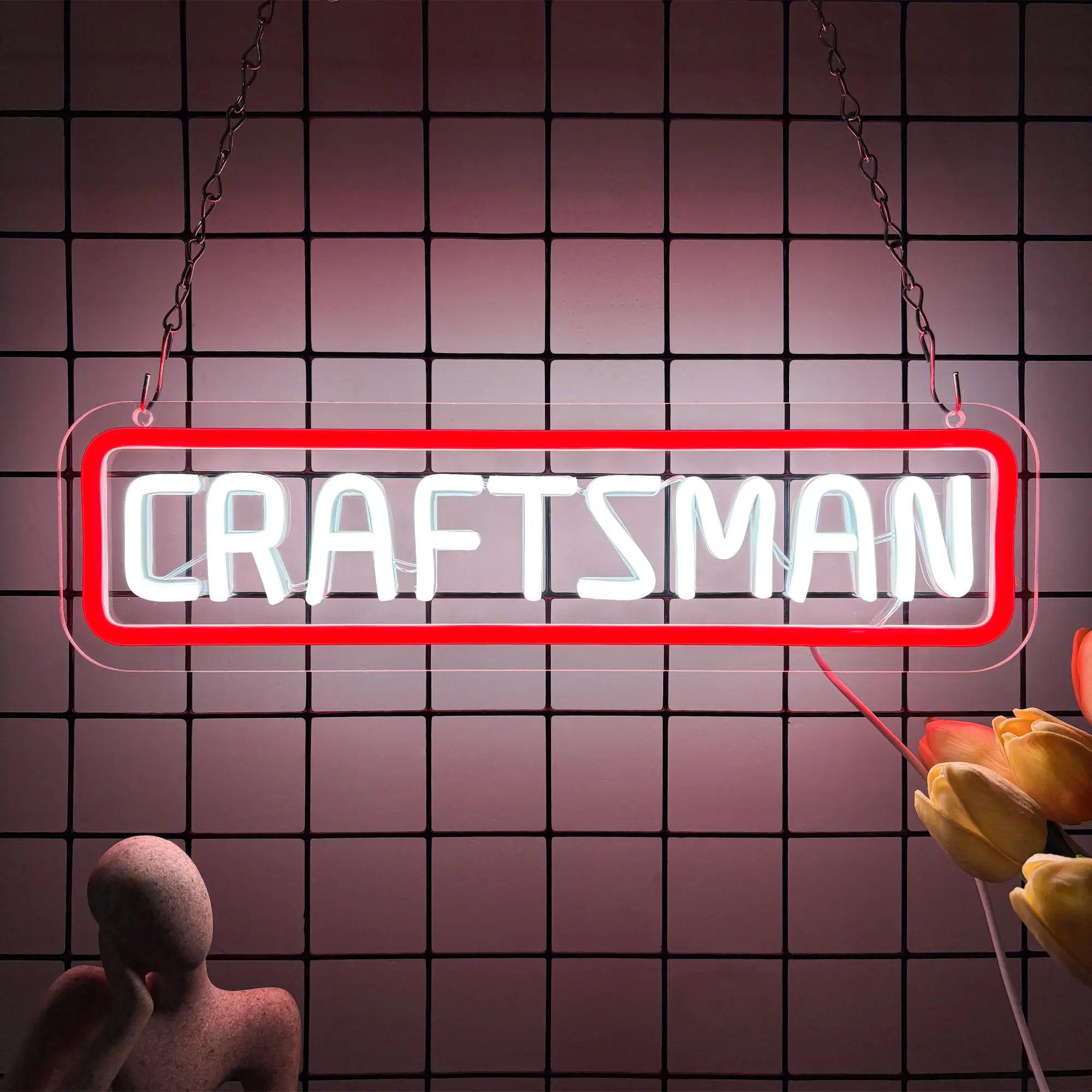 Vibrant "CRAFTSMAN" LED neon sign—USB-powered, wall-mountable, and dimmable—perfect as wall art for tool rooms, workshops, man caves, and bars, LED Neon Light