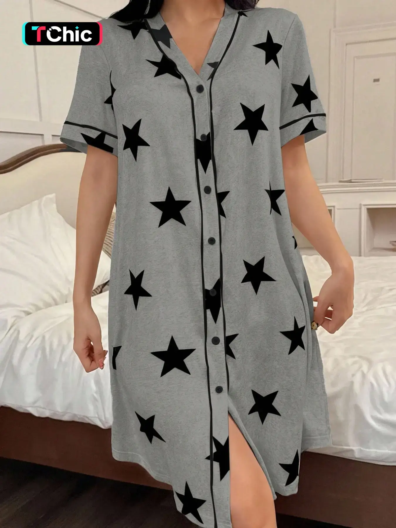 Women's Loose Baggy Comfortable Star Print Casual Sleepwear Loungewear, Short Sleeve V Neck Button Front Long Dress, Sweet Cute Home Set Nightwear Loungewear