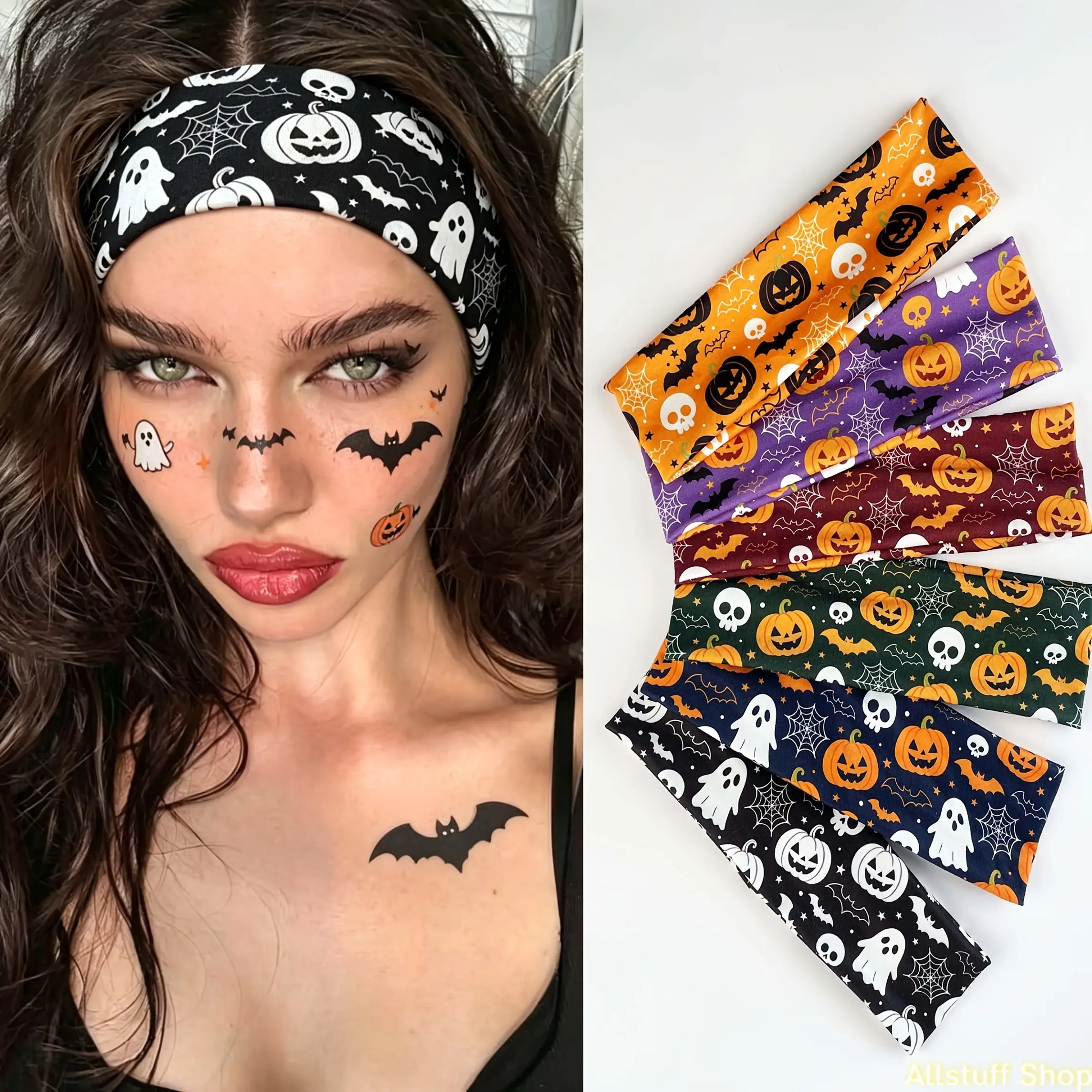Halloween Themed Pumpkin Ghost Bat Print Headband Holiday Party Makeup Elastic Hair Band Holiday Atmosphere Fun Funny Dress Up Hair Additions