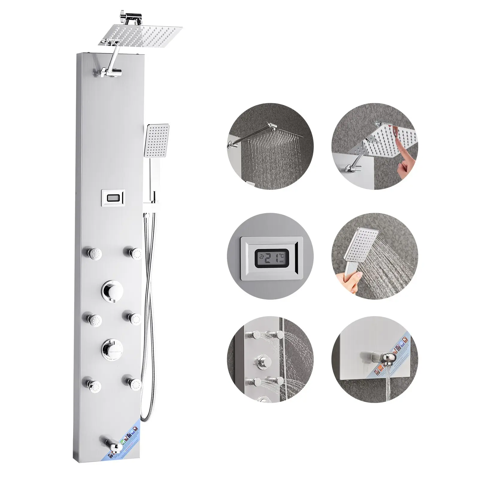 VEVOR Shower Panel Tower System with Rainfall Shower Head, LED, 49 in Brushed Stainless Steel Shower Column, 4-Function Faucet, Wall-Mount Rain Massage System with 6 Body Jets, Handheld, and Tub Spout