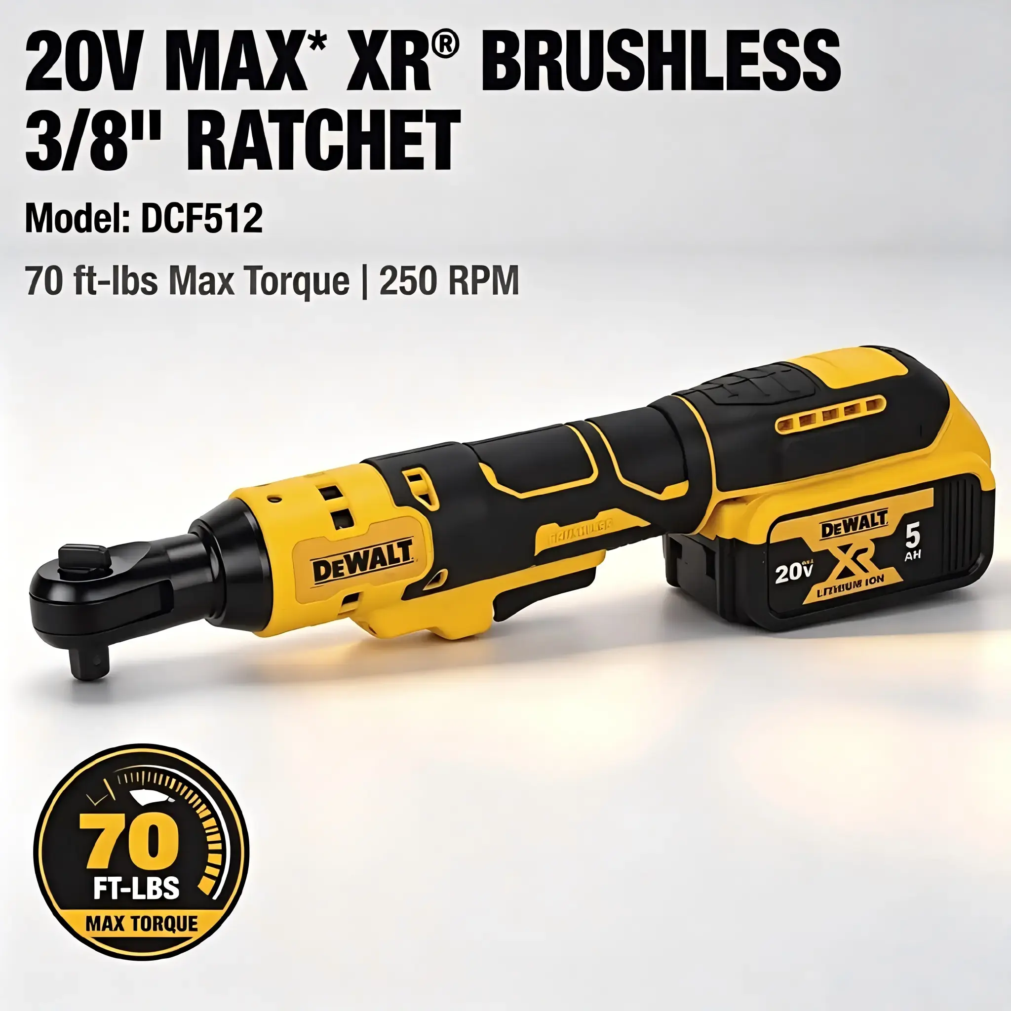 DEWALT DCF512 20V Cordless Brushless Right Angle Ratchet Power Wrench, 5.0Ah Batteries Included, Variable Speed, 14.2-Inch Neck, LED Work Light, 3300 RPM, 95 NM Max Torque High Torque Hand Tool, Engine Overhaul, Brake System Maintenance, Hi