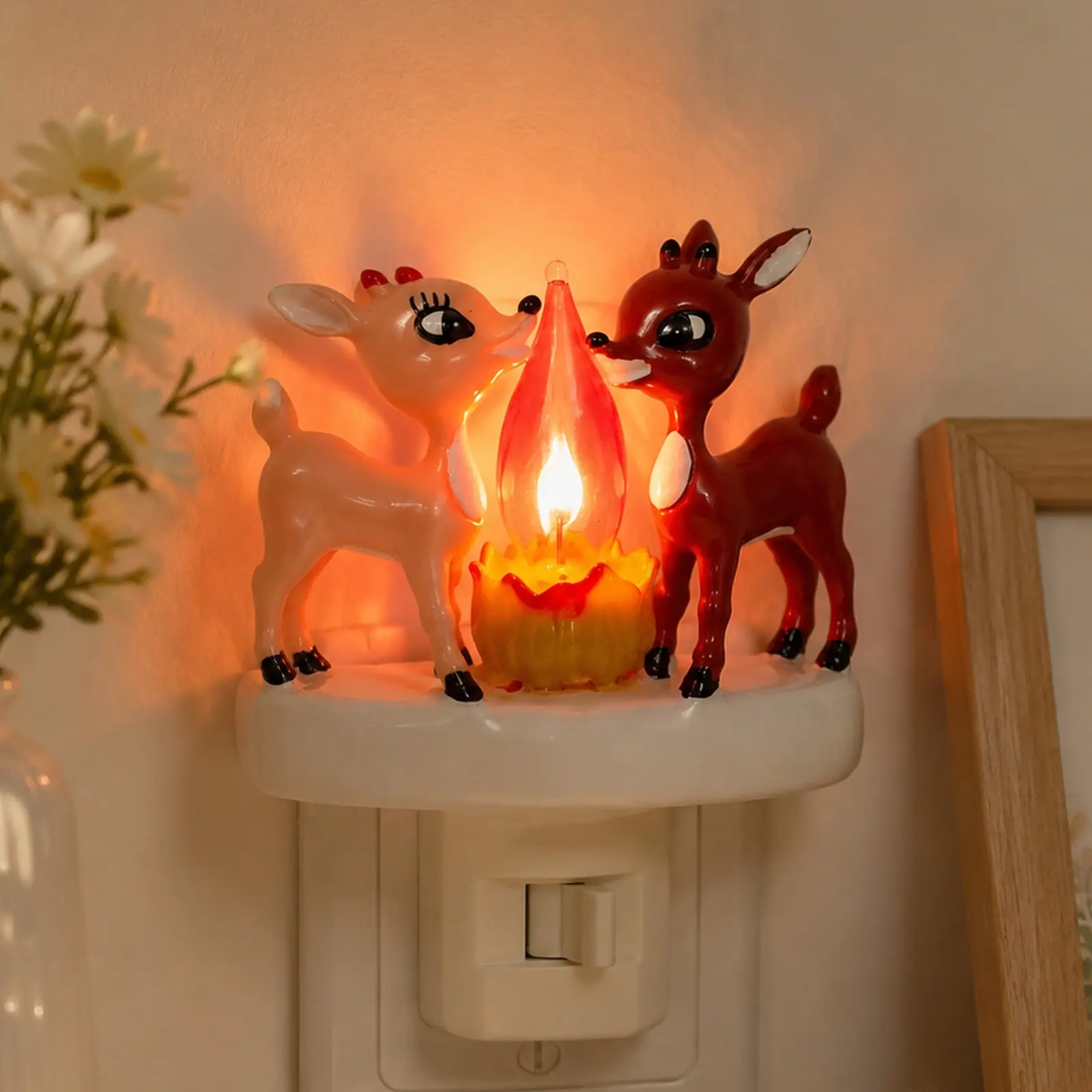 Rudolph & Clarice By Fire NightLight Flicker Flame Christmas Light,Cute Christmas reindeer decoration, Christmas-themed decoration, Indoor Decorative Light