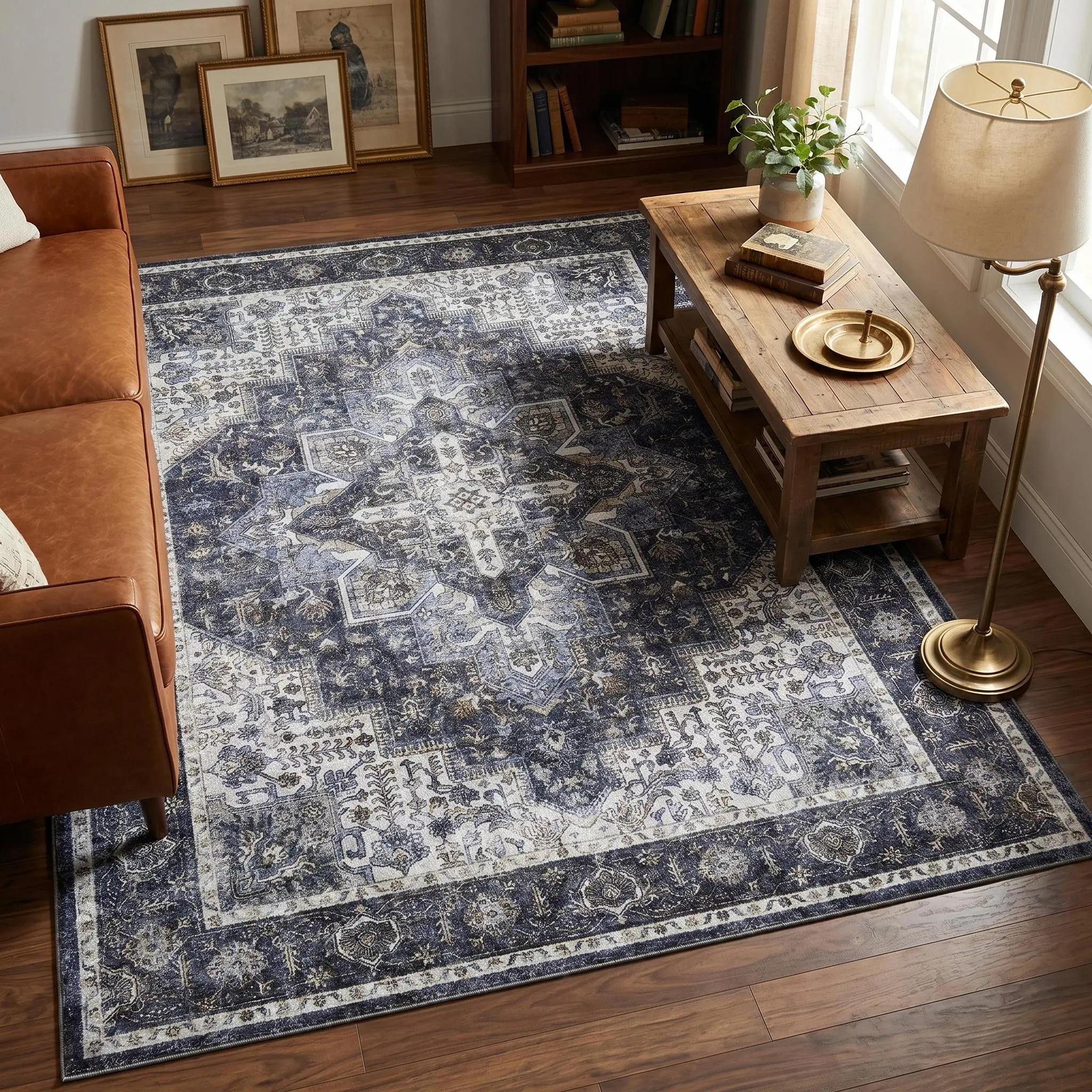 Renter-Friendly Antique Persian Medallion Rug Distressed Vintage Low Pile Floor Mat Stain Resistant Washable Non Slip Pet Friendly Indoor Carpet for Farmhouse Living Room Bedroom Kitchen Hallway High Traffic Rugs Home Decor