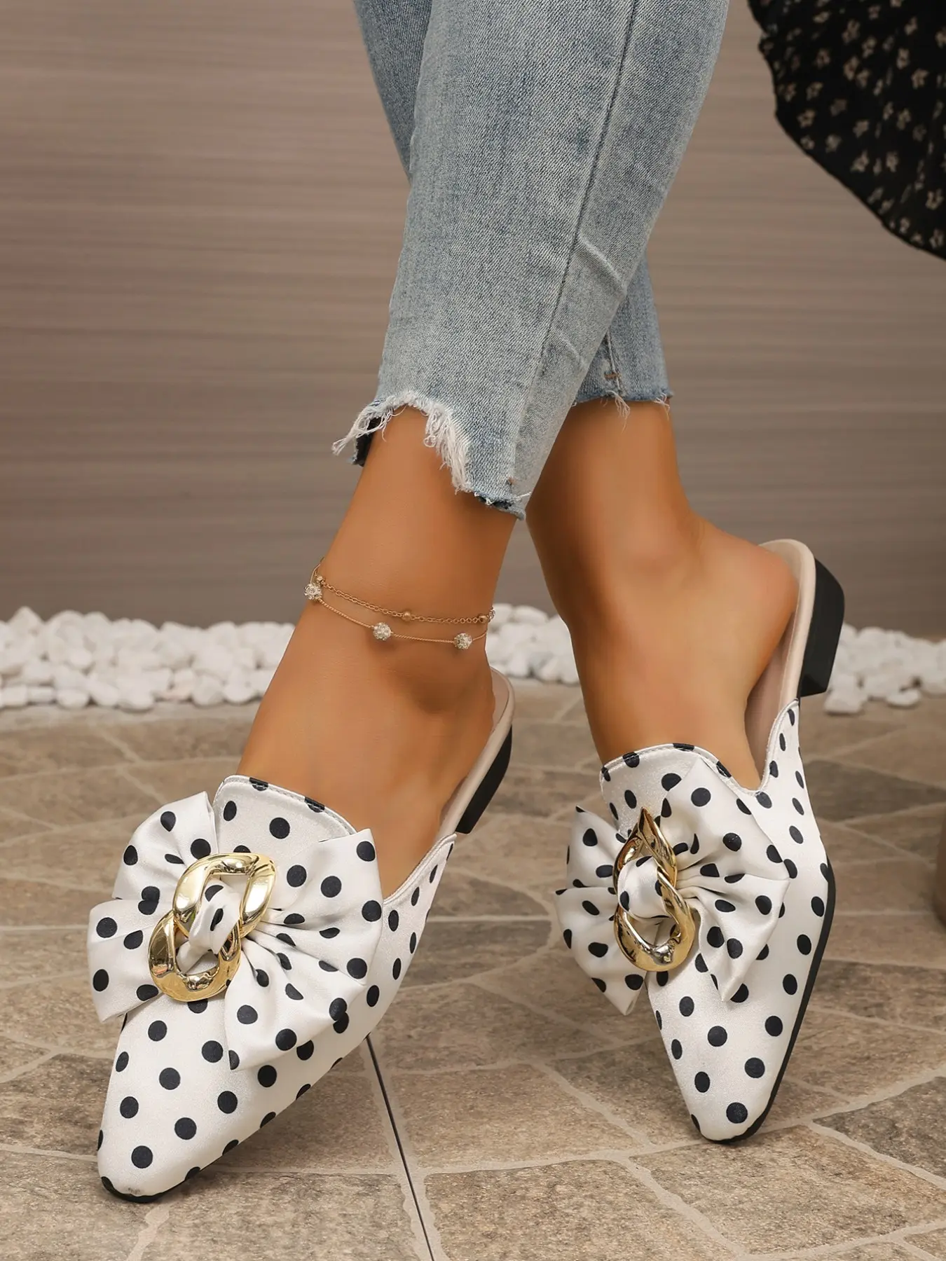 Women's Fashion Polka Dot Bow Mules, Mule Flats, Slip-On Shoes, Pointed Toe, Lightweight, Summer Beach, Casual, Comfortable, Durable, Elegant Party Shoes