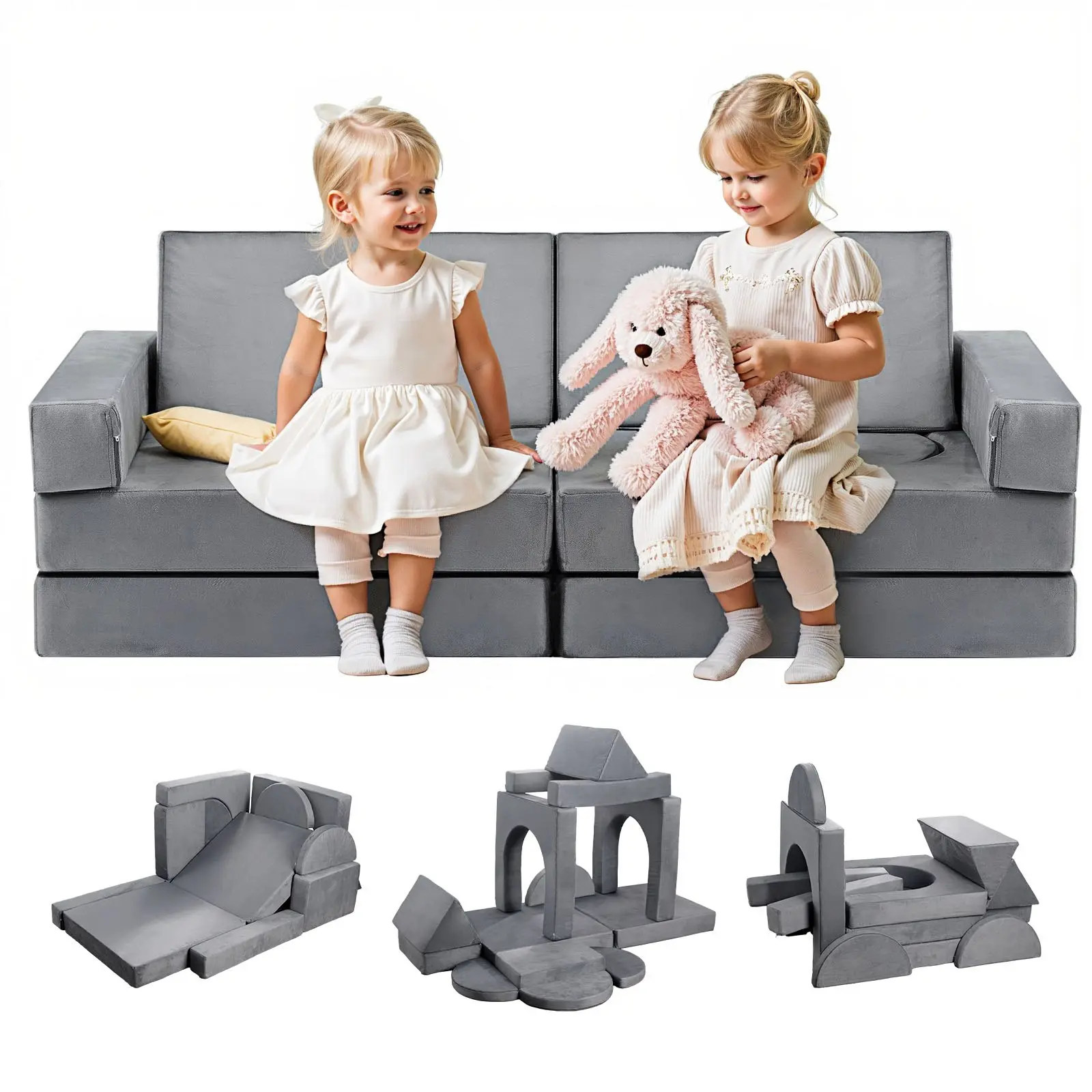 VEVOR 14-Pcs Kids Modular Convertible Sofa Couch with Armrests, 28D Sponge Short Pile, DIY Combo, 18 Months-12 Years Indoor Playroom Furniture, 22.31 lbs & 80kg/176 lbs Capacity Support