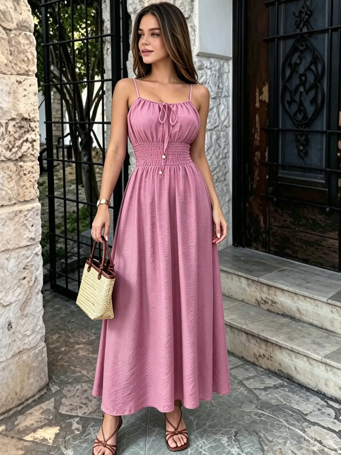 A women's fashionable and high-end French gentle style waist cinching sleeveless camisole dress with lace up bead design, Summer Casual Sundress, suitable for summer, beach wear, dates, dinners, and travel.