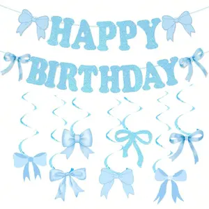Bow birthday party decorations, blue bow banners, blue bow party hanging decorations, suitable for ladies' birthday parties.