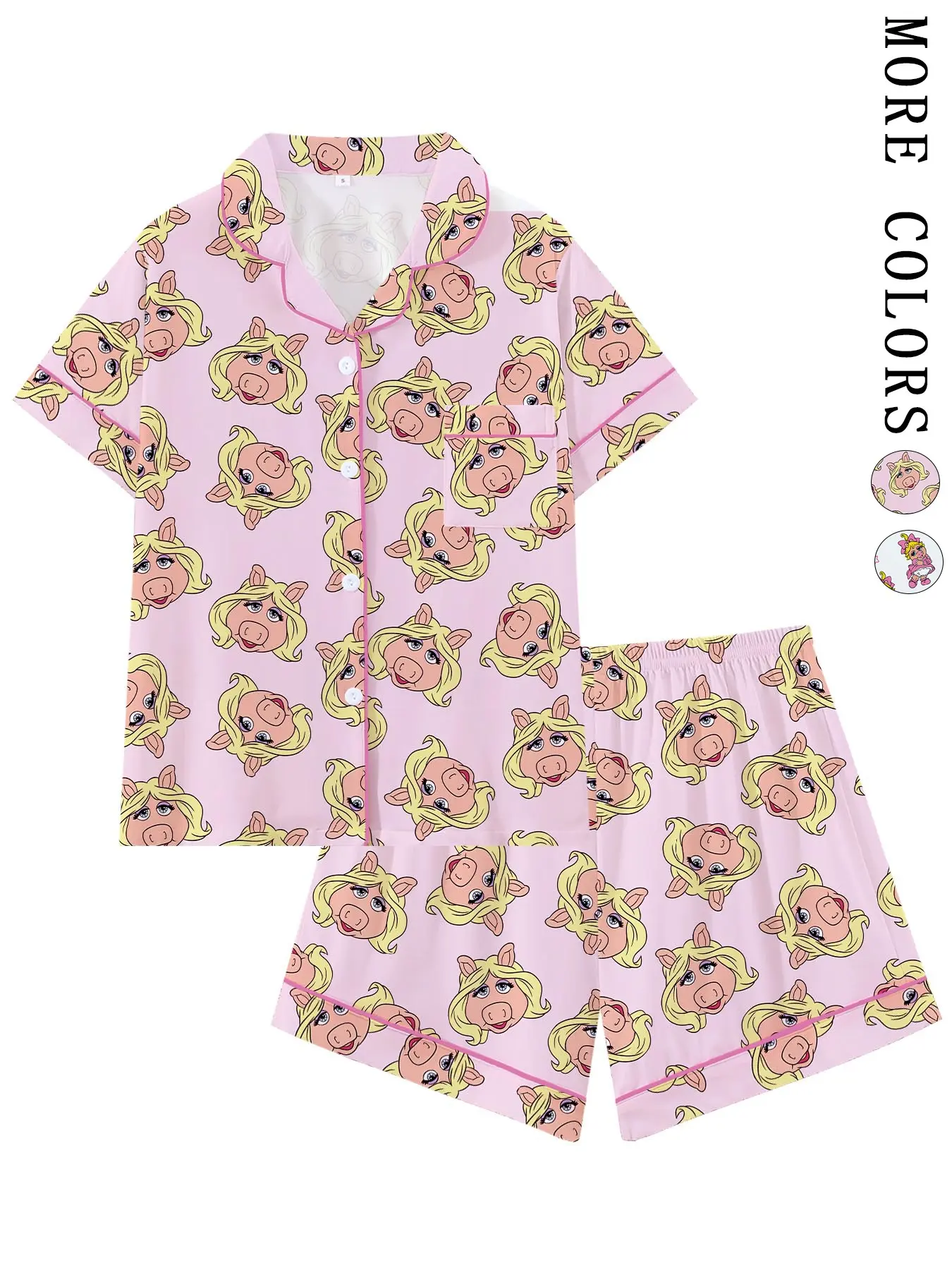 Women's Cute Pink Pig Character Print Pajama Set, Short Sleeve Button Down 2-Piece Loungewear, Adorable Cartoon Pig Sleepwear with Pink Trim,Perfect for Summer Nights & Sleepovers, Lounge Pjs Set
