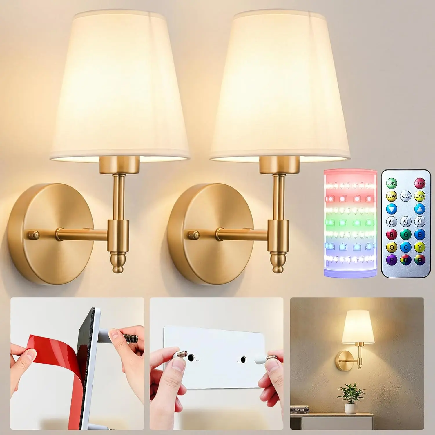 Battery Operated Wall Sconces Set of Two, Wireless Battery Wall Light with 10000mAh RGB Dimmable Magnetic Bulb and Remote, Rechargeable Sconce Wall Decor for Bedroom Living Room Hallway