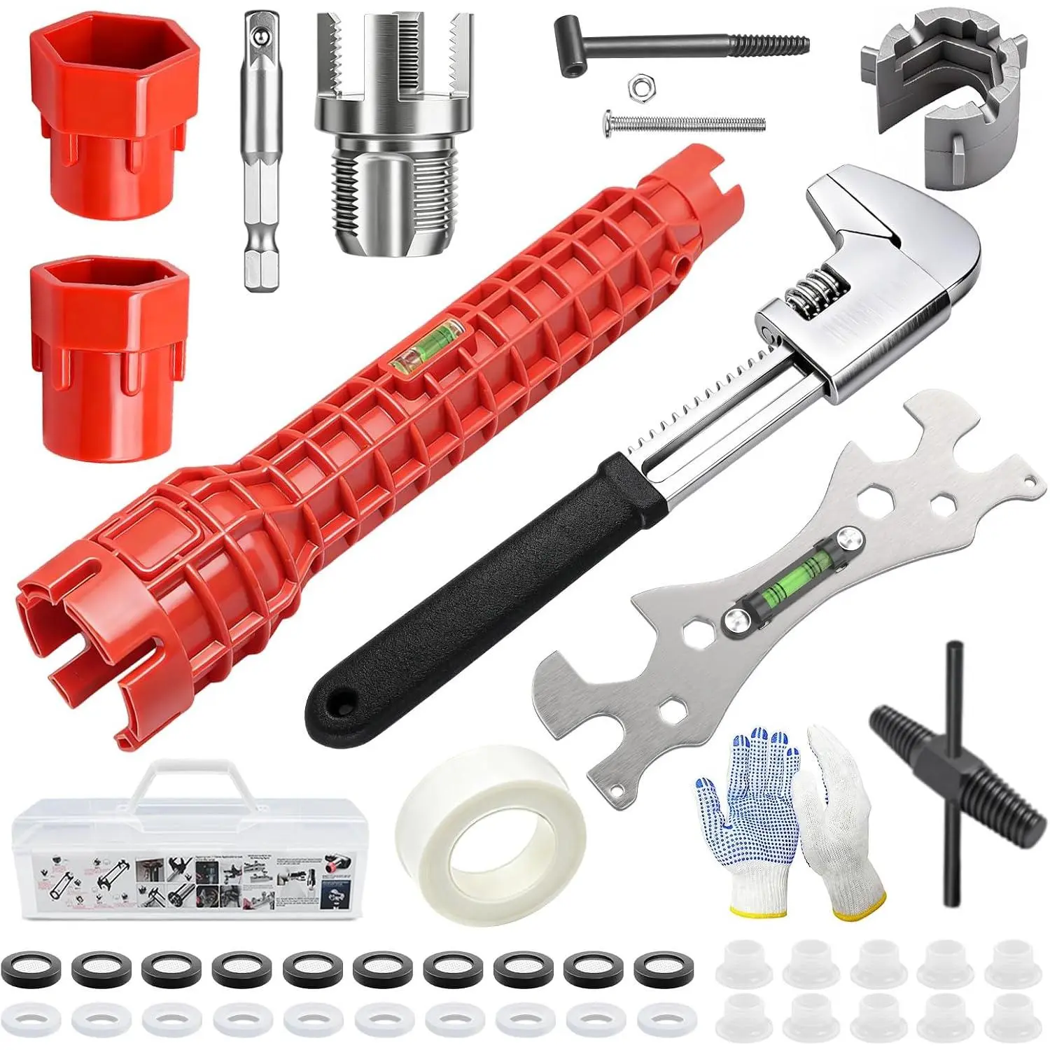 39 count Plumbing Tool and Sink Wrench Set, Faucet tool for Tight Space | Basin Wrench, 1/2" PVC Pipe Threader, Pipe Wrench with Adjustable Wrench, Screw Extractors, 304 Shower  Wrench