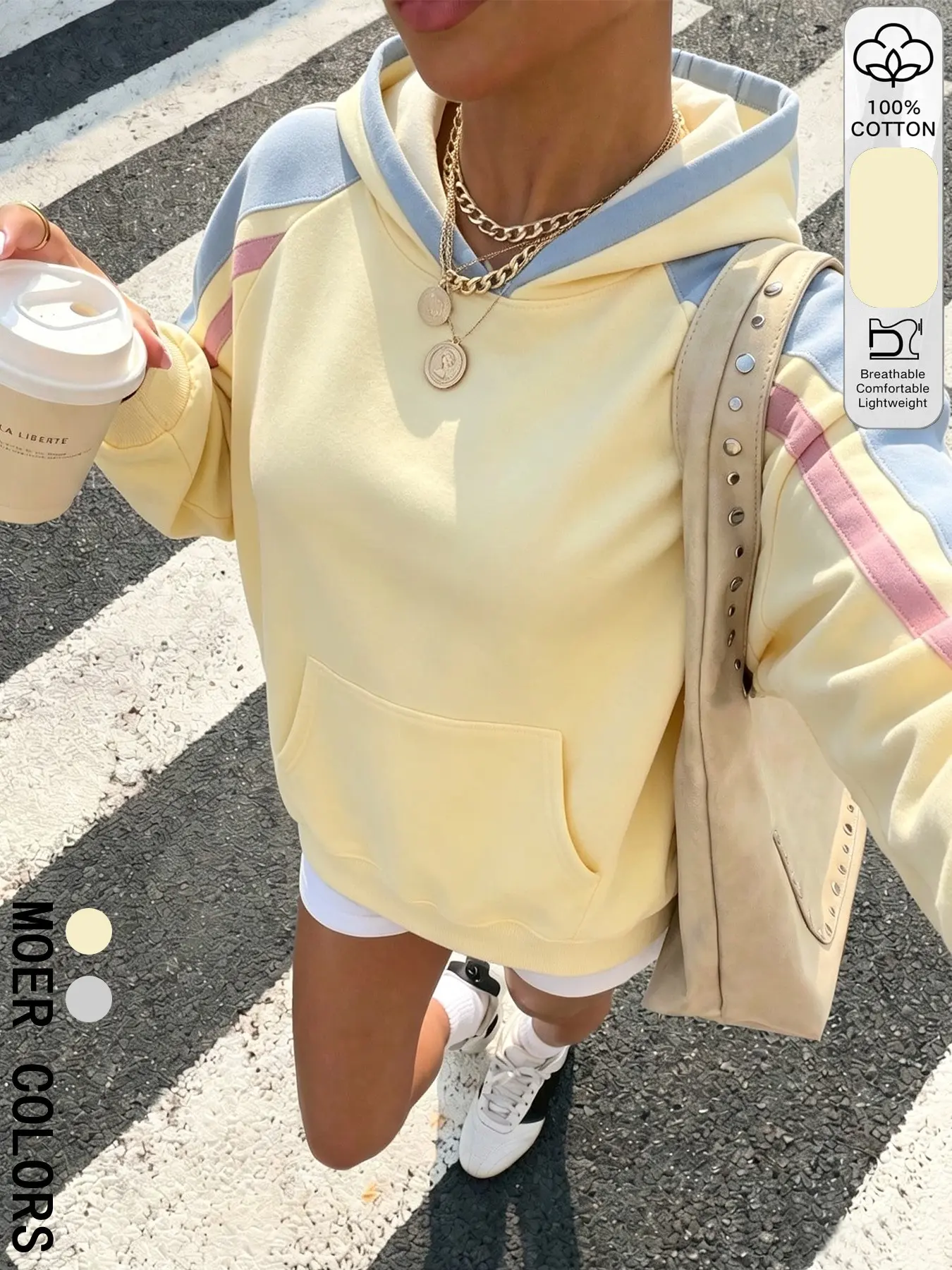 Women's Colorblock Striped Sleeve Hoodie, Long Sleeve Loose Fit Pullover Sweatshirt with Kangaroo Pocket, Casual Streetwear Hoodie for Spring & Fall
