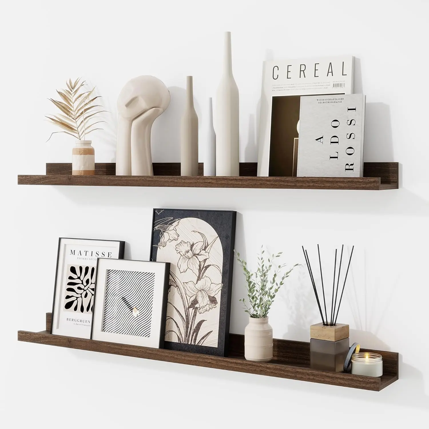 RICHFOCUS Picture Ledge Shelf, 30 inch Floating Shelves Set of 2, Wood Wall Shelves with Lip, Wall Decor Storage for Bedroom Living Room Bathroom Kitchen Nursery Photo Picture, Walnut