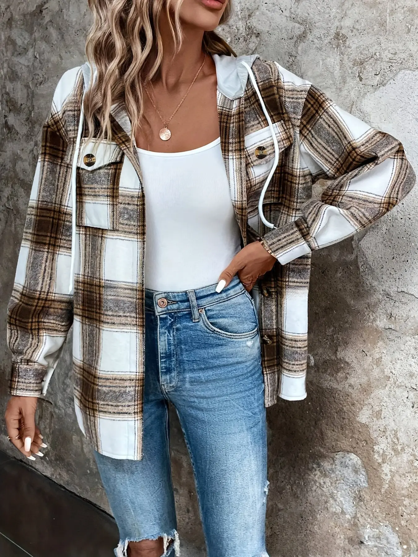 Women's Loose Oversize Long Sleeve Brown Plaid Shirt Jacket, Drawstring Hood, Adjustable, Front Button, Dual Chest Pockets, Casual Fall Outerwear