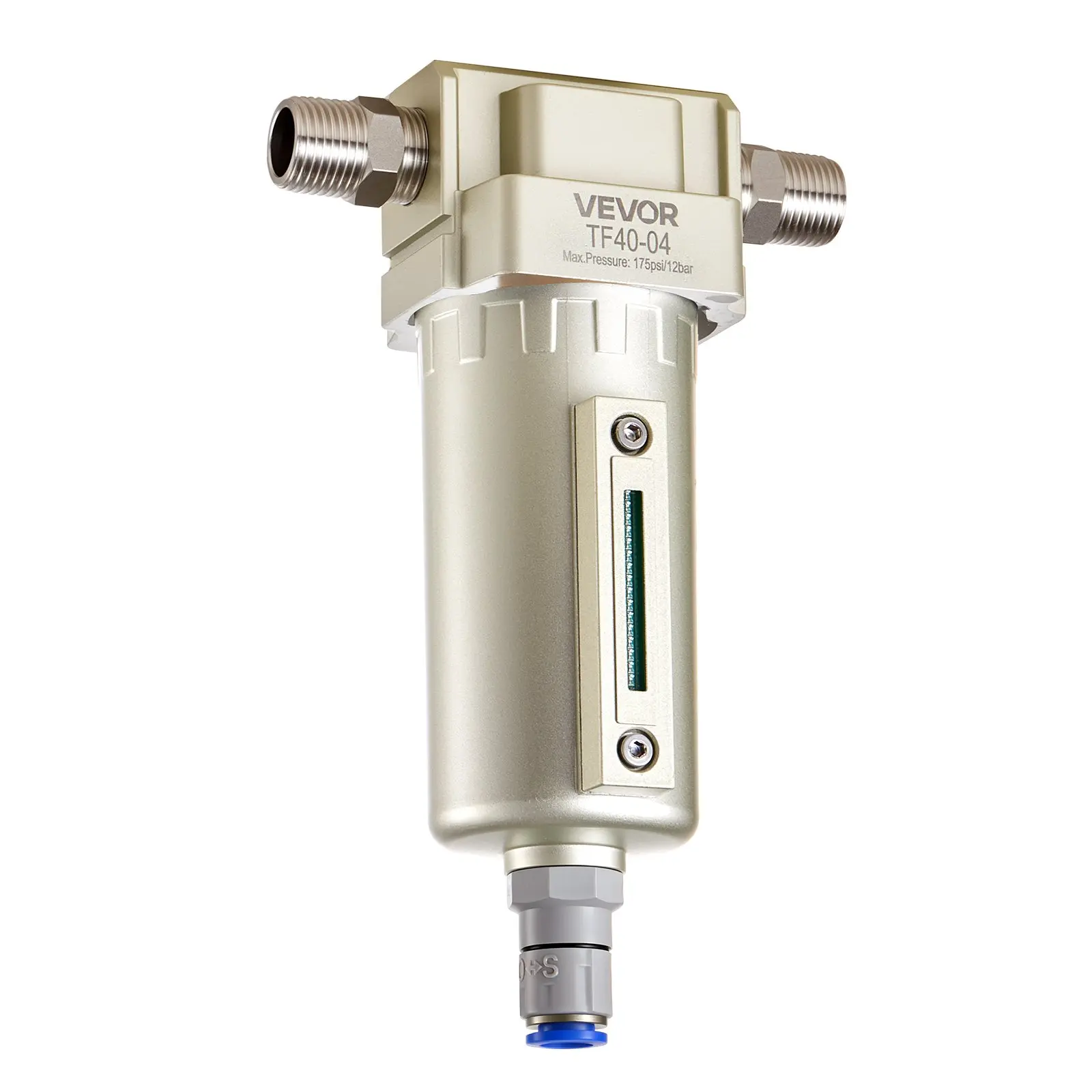 VEVOR Compact Air Compressor Filter, 1/2" NPT Air-Dryer with 5 Micron Brass Filter Element, Auto-Drain Water Separator, 175 PSI Max Working Pressure, Aluminum Alloy Bowl, 1.34 lbs, 140 SCFM, 2.76 x 2.95 x 8.07 in