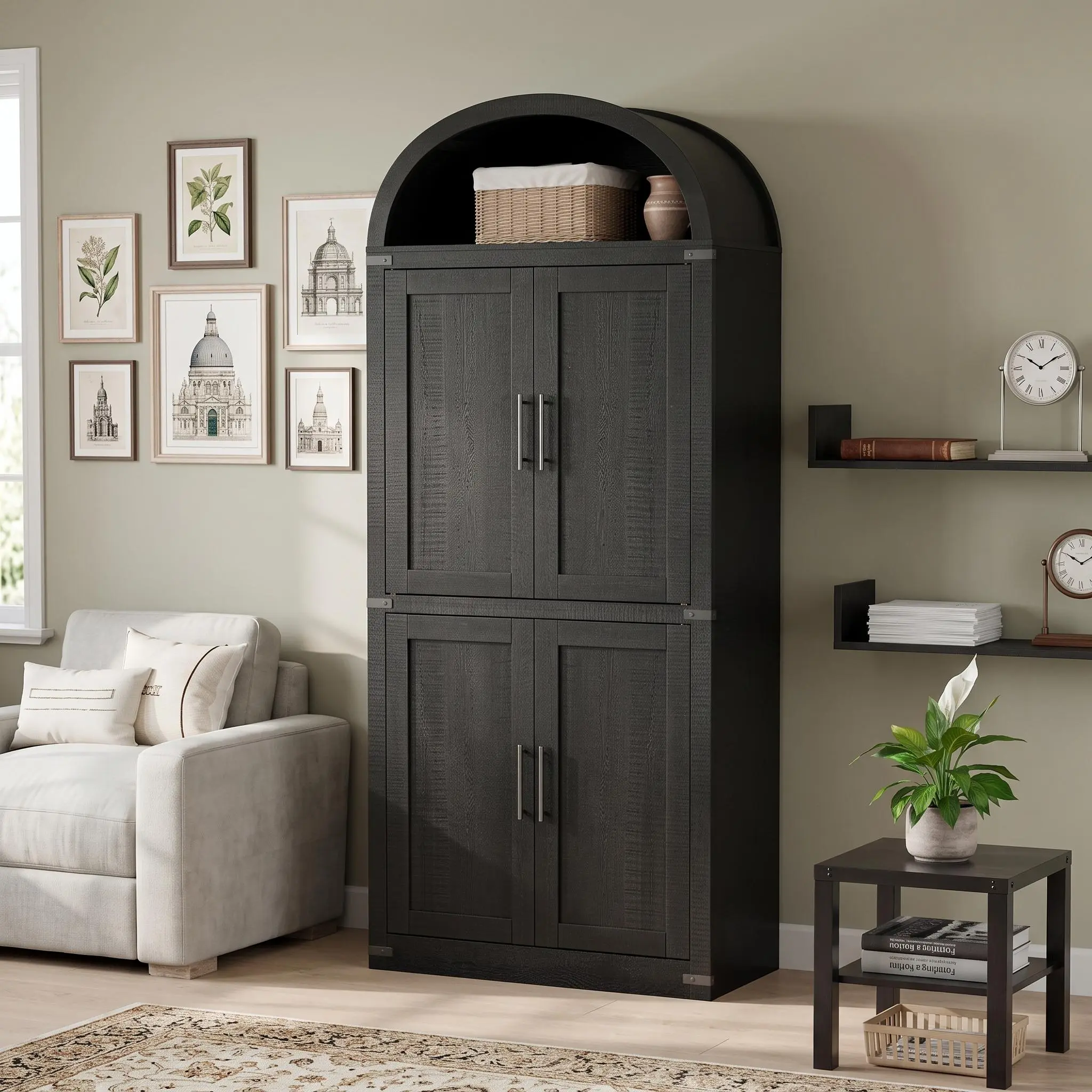IdealHouse 72" Tall Arched Wood Bookshelf Cabinet - Modern Farmhouse Freestanding Organizer with 4 Glass Doors, Open Shelf for Living Room, Bedroom, Black