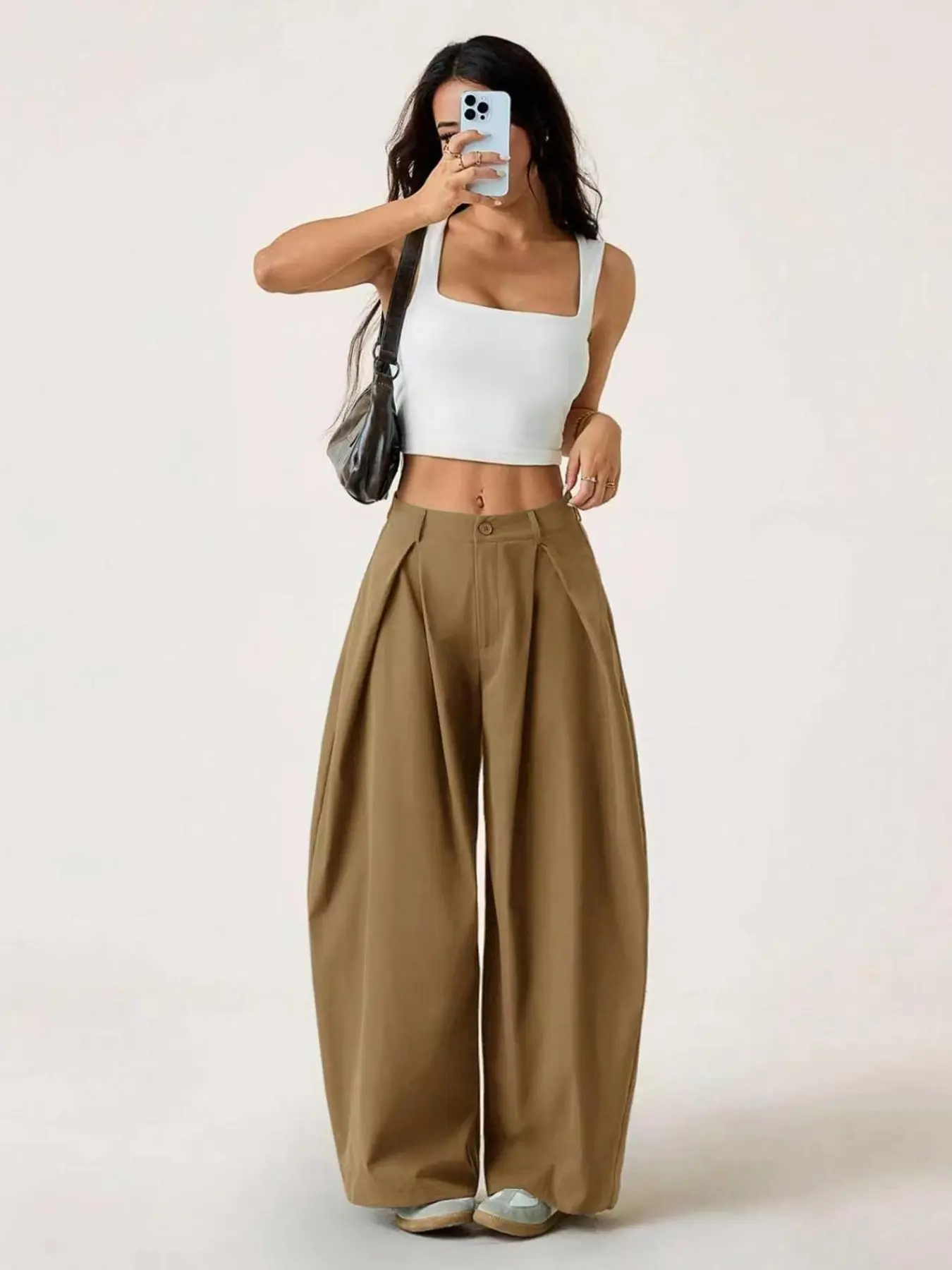 Loose Pleated Wide Leg Pants, High Waist Relaxed Long Pants, Thigh-Hiding Street Style Bottoms for Petite Women