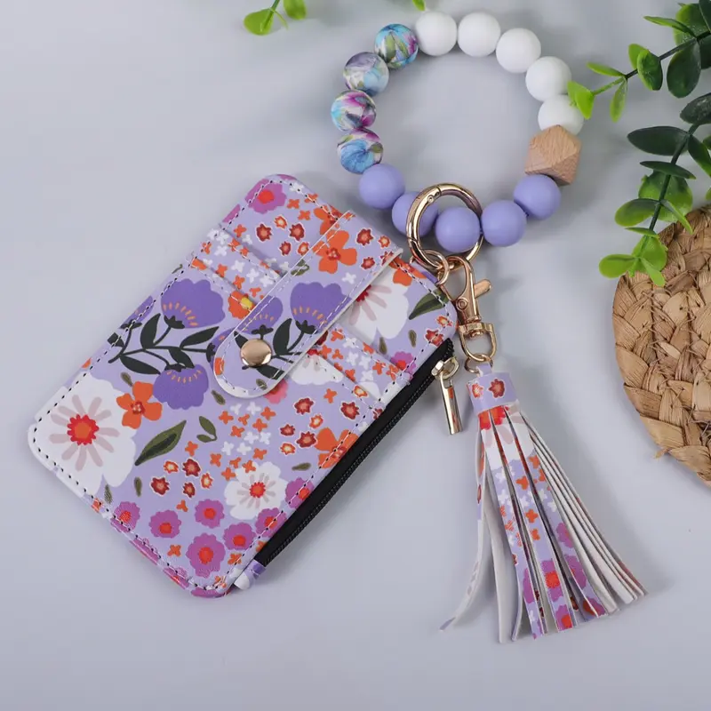 Macaron Color Silicone Beaded Wrist Keychain, Trendy Cute Girly Keychain, Stylish Keyring, Floral Pattern Card Holder with Tassel Design, Perfect Gift for Women, Holiday Present