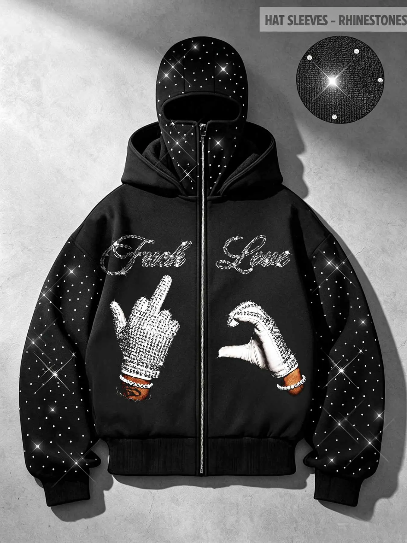 Men's zip-up hooded sweatshirt featuring rhinestone-embellished "glove-hand" graphics and sparkling script lettering; unisex Y2K-style oversized hoodie with all-over rhinestone detailing on the sleeves and hood (featuring an integrated face mask).