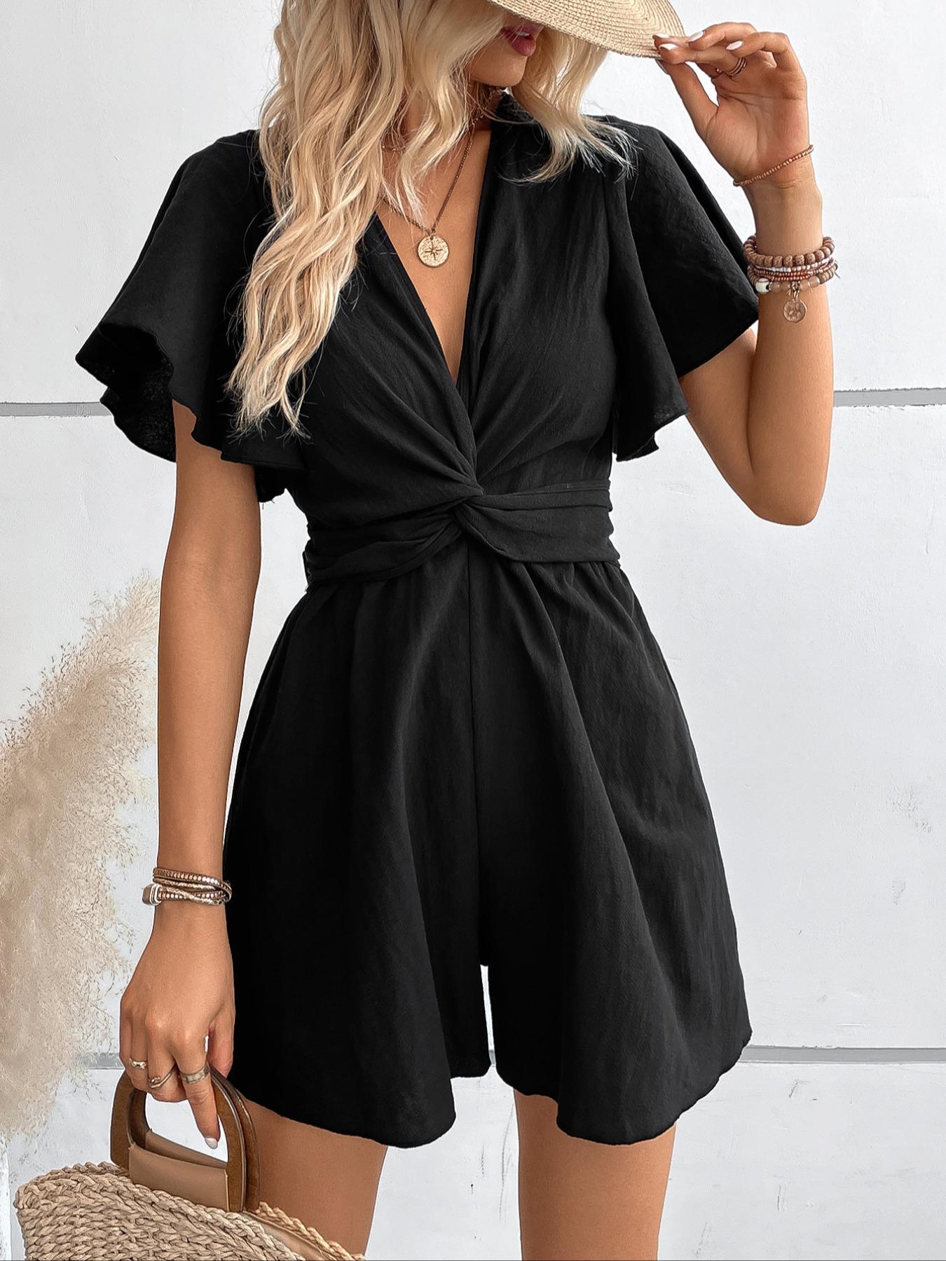 Women's Twist Butterfly Sleeve Romper, Casual Chic V Neck High Waist Wide Leg Jumpsuit, Ladies Summer Clothes for Daily Wear Womenswear Vneck