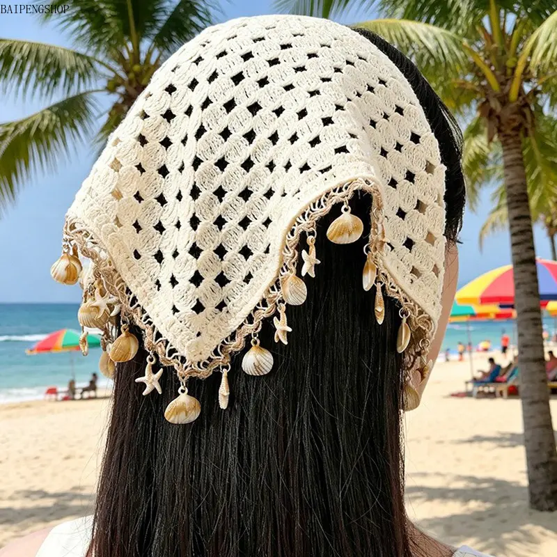 Women's 1pc Beige Seashell-Starfish Crochet Bandana - Hollow-Out Tasseled Boho Headband, Lightweight Summer Headwrap, Fashion Hair Accessory for Beach, Daily Outfits